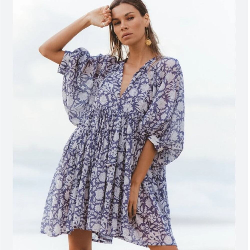 Daughters of India Kyra Mini Dress Blue Iris Balloon Sleeve Boho Cotton Flowy